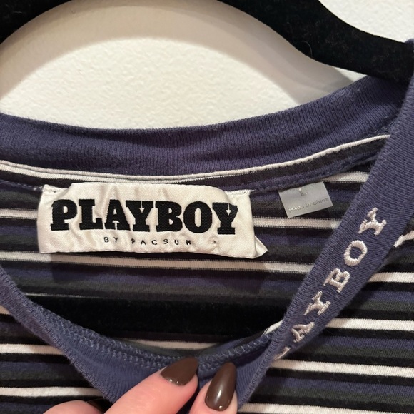 Playboy by Pacsun Metallic Bunny Men's Striped Crewneck T-shirt 100% cotton L - Picture 5 of 10